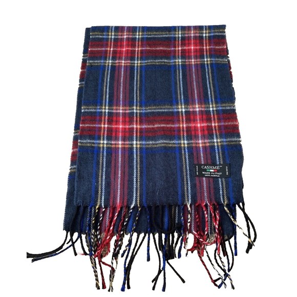 Cashme Plaid Scarf 60" x 11"  Multicolored Fringe Made In Italy Acrylic - Picture 6 of 9
